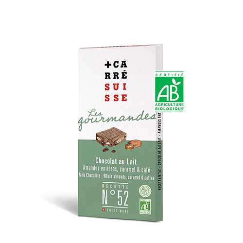 Tablette chocolat au lait amendes entières, caramel & café | N°52 | Carré Suisse